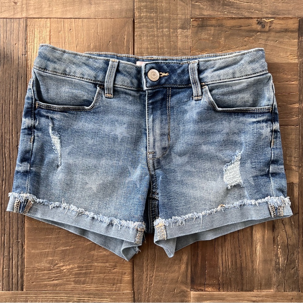 SO Girls Blue Distressed Denim Shorts Star Frayed Hem Stretch Sz 12 (fits 10/12)